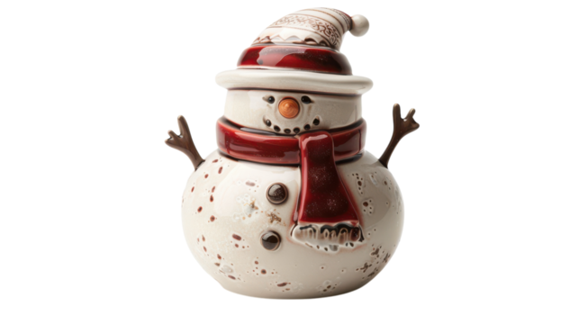 Decorative ceramic snowman with a festive hat and scarf for holiday celebrations in winter on transparent background