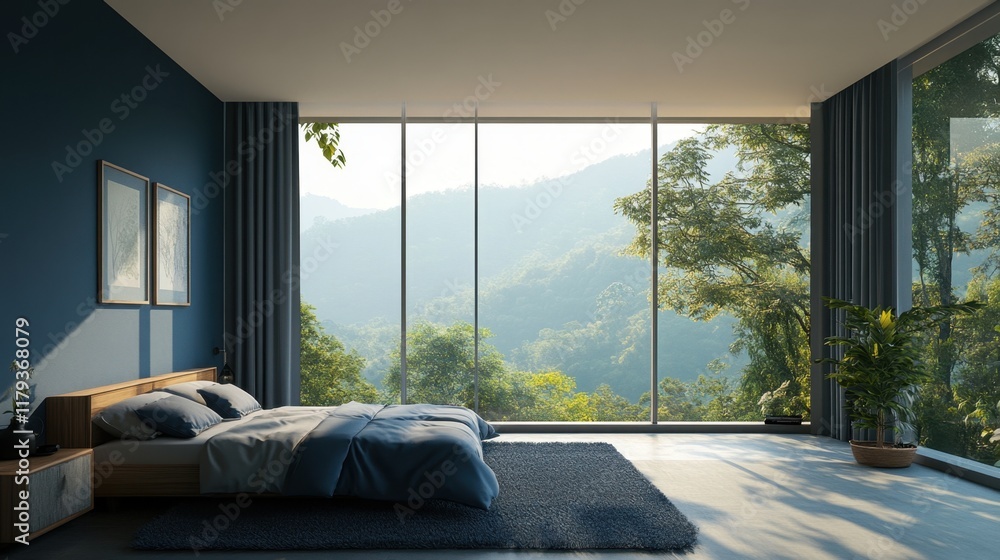 Poster a peaceful, spacious room with large windows and a calming blue color palette, offering a serene vie