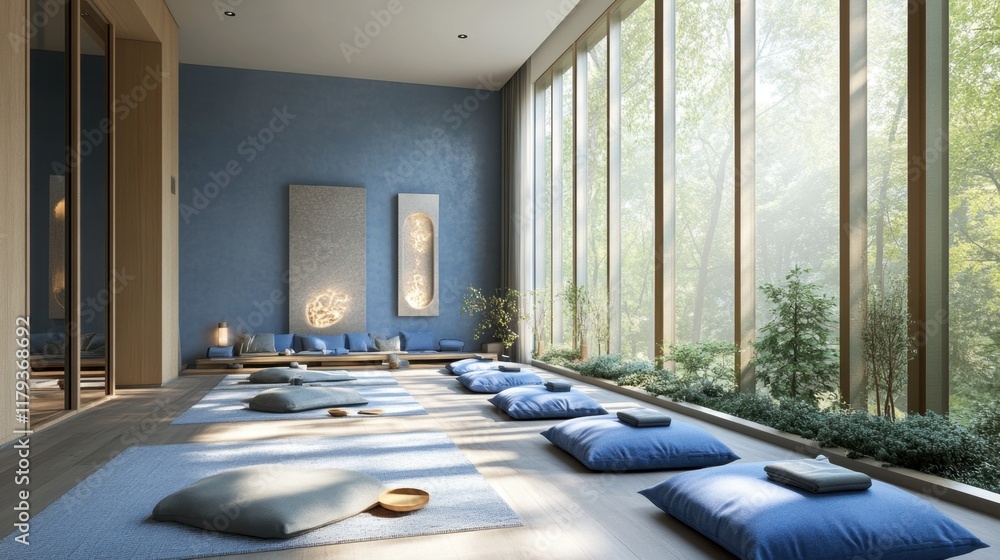 Poster a peaceful, spacious room with large windows and a calming blue color palette, offering a serene vie