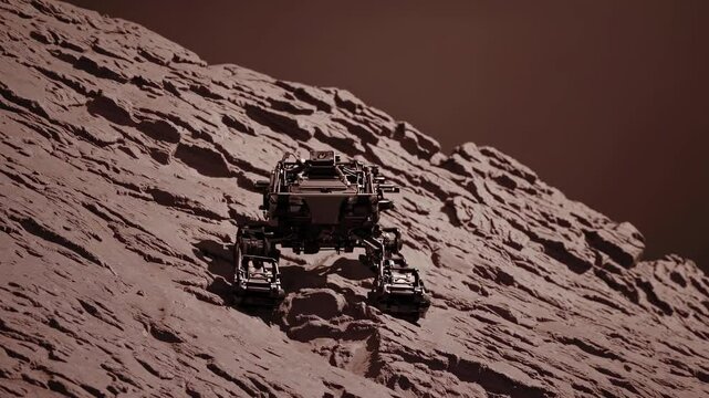 Exploration of rugged terrain on another planet with advanced rover technology at sunset