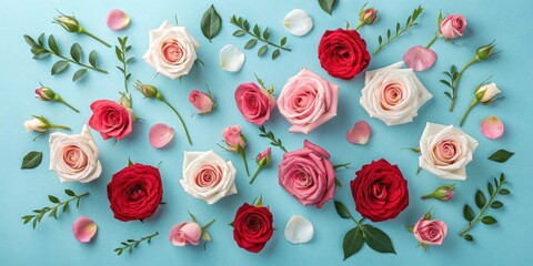 A delightful arrangement of various rose blossoms and foliage, displayed on a light blue backdrop