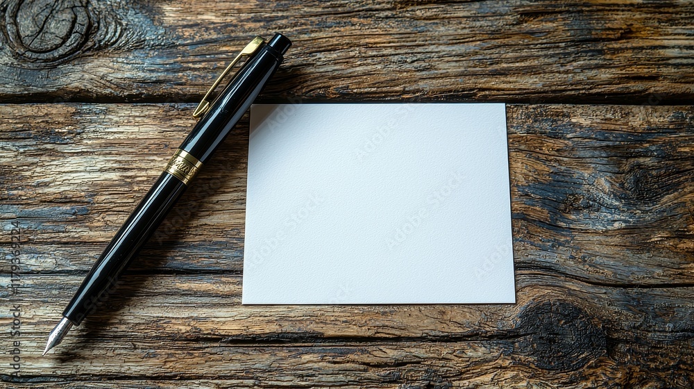 Poster simple workspace setup with notepad and pen on wooden table