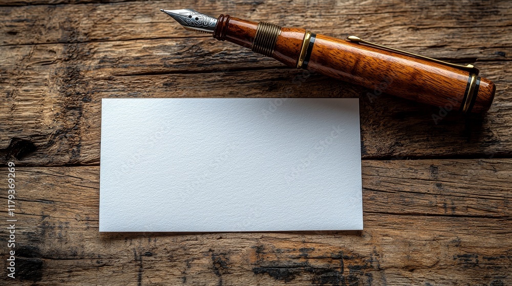 Poster setting up a simple workspace with notepad and pen on wooden table