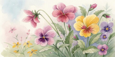 A Delicate Watercolor Painting of Pansies and Other Blossoms in a Soft, Pastel Palette