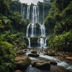 Obraz premium A panoramic view of a vibrant jungle landscape with multiple waterfalls.
