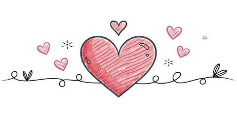 A large hand-drawn heart surrounded by smaller hearts and whimsical doodles on a white background