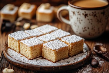 Cozy Morning Scene Featuring Delicious Brownies Squares Next to a Cup of Coffee on a Wooden Table with Soft Natural Lighting in a Rustic Atmosphere