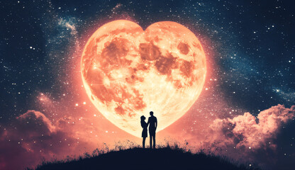 Obraz premium Romantic Couple Silhouetted Against Heart-Shaped Moon