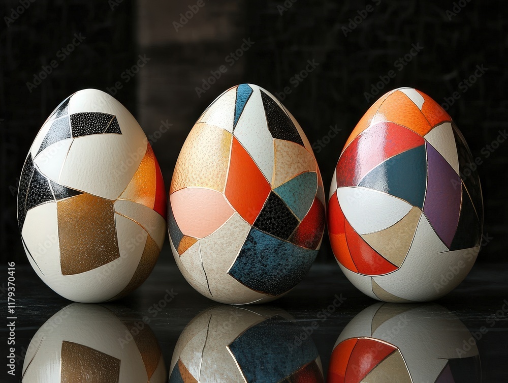 Poster abstract geometric designs showcasing unique eggs with artistic patterns and textures on a reflectiv