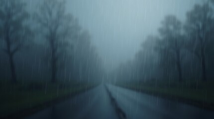 Obraz premium Rainy Road, Gloomy Atmosphere, Trees in the Mist