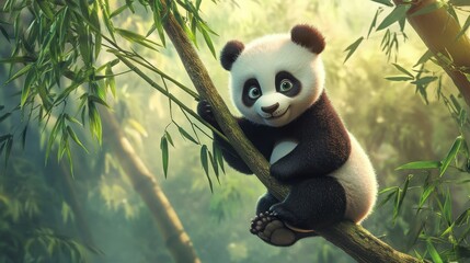 Obraz premium cute panda cub sitting in a tree, reaching for a bamboo branch, while its mother looks on fondly from below in a lush bamboo grove