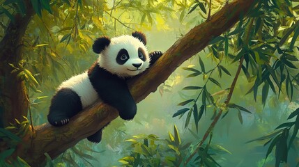 Obraz premium cute panda cub sitting in a tree, reaching for a bamboo branch, while its mother looks on fondly from below in a lush bamboo grove