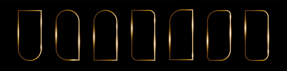 Golden thin frame in art deco style on a black background, Minimalistic vector arch geometric figure shining glare.