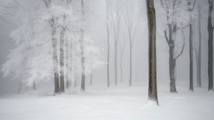 Fototapeta premium Winter Tranquility Envelops a Forest of Whispering Trees Blanketed in Soft, Pristine Snow
