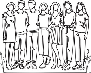 Bond of Friendship. Group of People Standing Together in Line Art Style