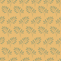 Seamless botanical pattern with green branches, leaves on a yellow background