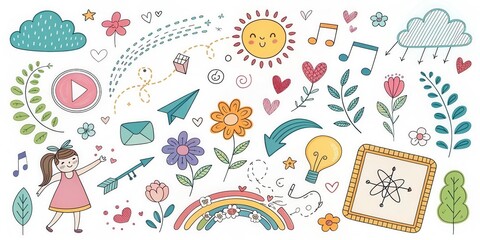 A Delightful Collection of Hand-Drawn Illustrations Featuring Flowers, a Girl, and Playful Elements
