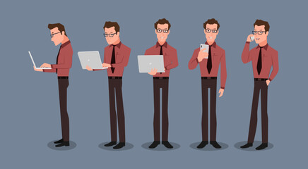 A Man different views with a laptop and mobile using. Vector illustrations