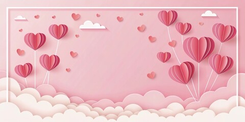 Pink Heart Balloons Floating Above Cloudscape Romantic Illustration