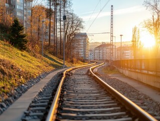 Fototapeta premium Scenic View of Railway Tracks Curving Through Urban Landscape at Sunrise with Warm Light and Soft Colors