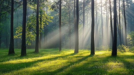 Obraz premium Sunbeams Dancing Through Misty Forest