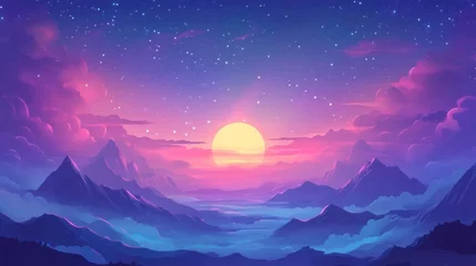 Gardinen Vibrant sunset over majestic mountains and a misty valley under a starry sky. © Fandi Comp