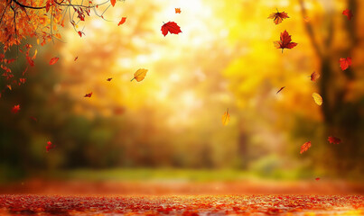 Fototapeta premium Autumn background with blurred autumn leaves on trees and falling leaves in a park at sunset. Autumn natural landscape with copy space, a fall season background. Generative Ai