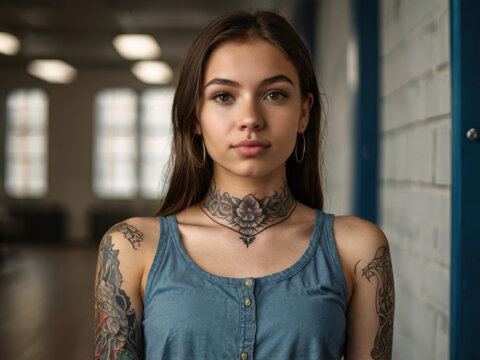 Hermosa joven estudiante inteligente con un tatuaje en el cuello de pie en el pasillo de la escuela
