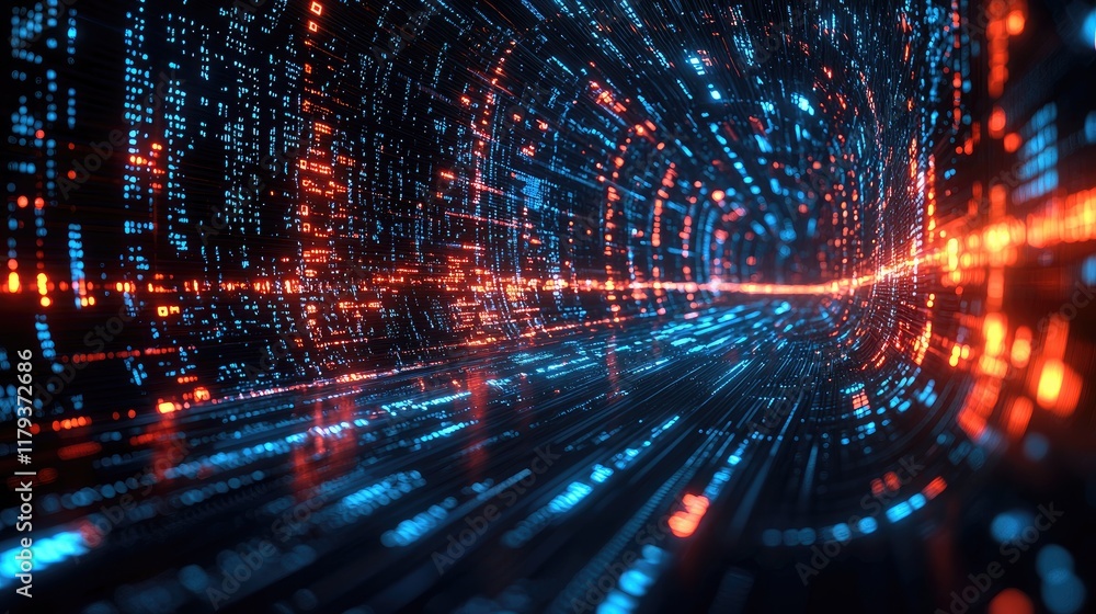 Poster abstract digital tunnel: a journey through data streams and neon colors. futuristic technology and c