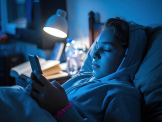 Adolescente usando su teléfono móvil. La habitación está poco iluminada, con un brillo suave 