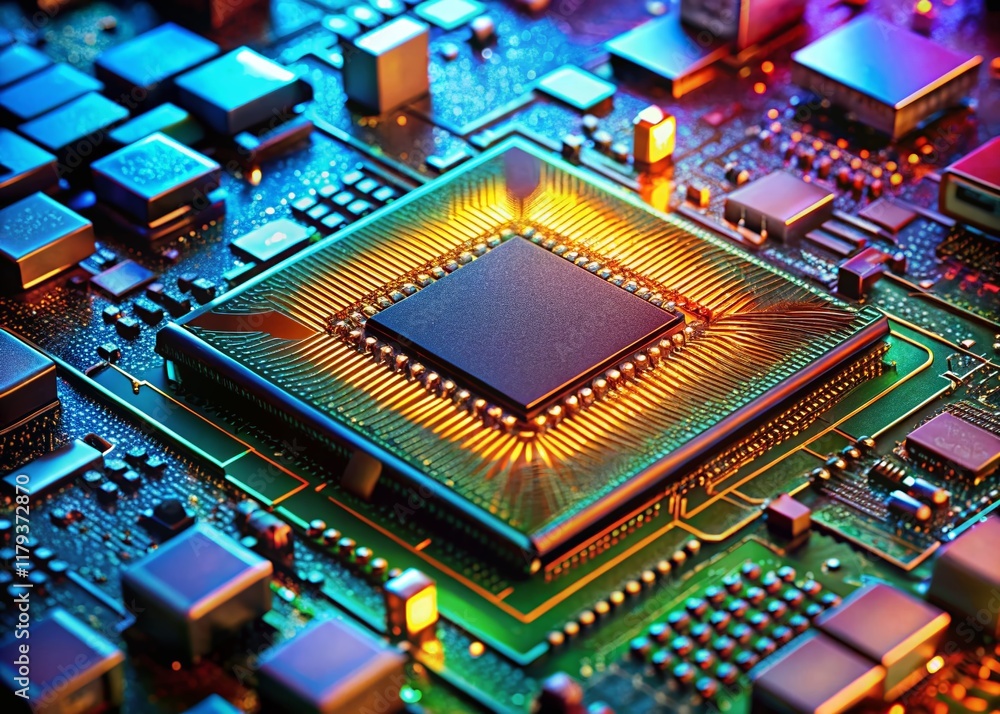 Poster close-up detailed shot of a modern computer processor chipset; complex circuitry and microarchitectu