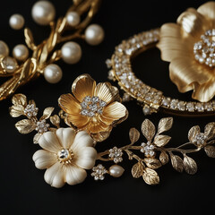 Naklejka premium 黒バックに金色の石のネックレスと金のキラキラ