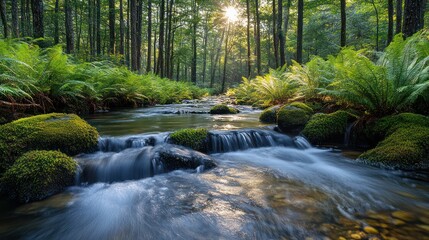 Serene Forest Stream at Sunrise: A Tranquil Scene in Nature