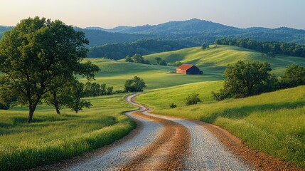 Obraz premium Serene Countryside: Winding Road, Rolling Hills, and Rustic Barn