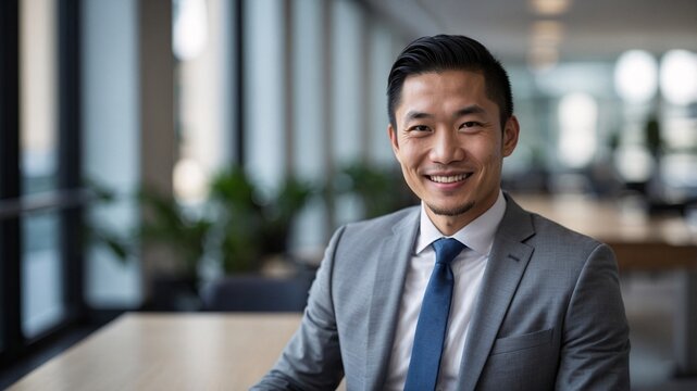 Confident Asian man in formal attire smiles warmly while seated at a modern workspace, showcasing professionalism and approachability in a contemporary office environment