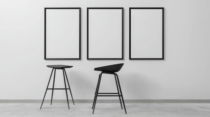 Clean minimalist display with a bar stool and three angled mockup frames, designed for visual impact in a promotional setting.