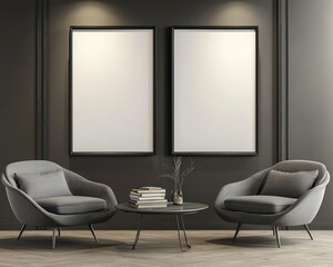 Simple interior with empty vertical frames on the wall and neutral decor elements.