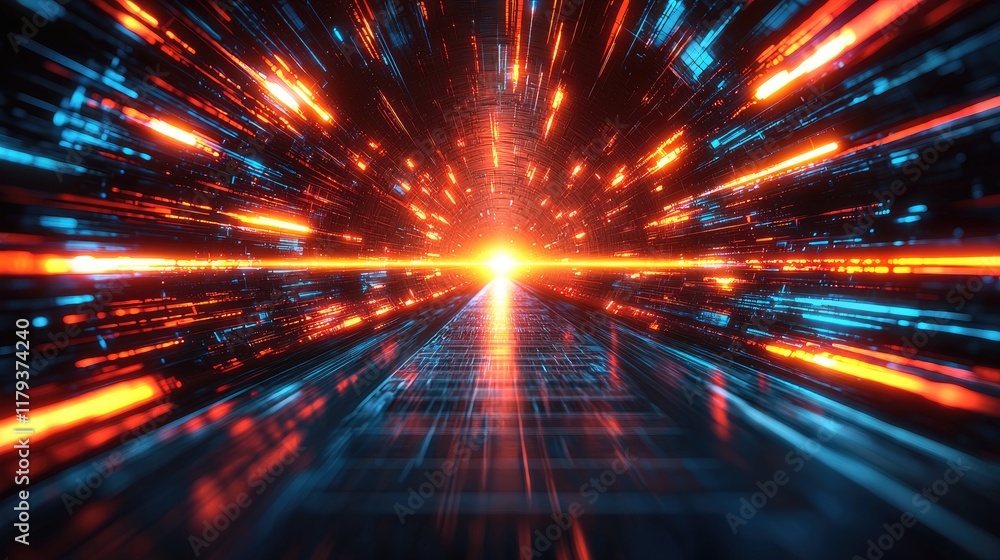 Poster abstract digital tunnel: a journey through neon light and data streams. futuristic cyberpunk technol