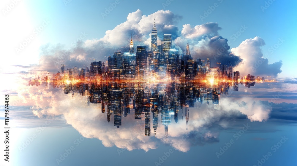 Poster visions of a utopian financial system with ai integration in a futuristic cityscape
