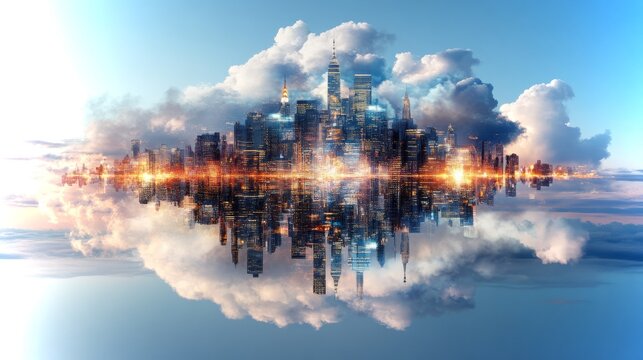 Visions of a utopian financial system with ai integration in a futuristic cityscape