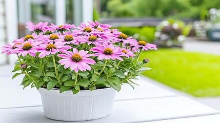 Pink Coneflowers in White Pot  Garden Flowers  Summer Bloom