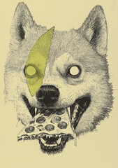 vintage 1980's advertising illustration. a mascot for a pizza resturant, the mascot is a cool looking dog eating a slice of pizza. vintage 1980's vector graphic illustration. on a solid white backgrou