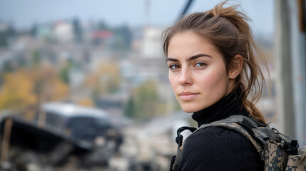 Canadian special force woman in tactical gear at ruins of buildings in conflict area