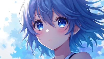 Fototapeta premium Blue-Haired Anime Girl: A Serene Portrait