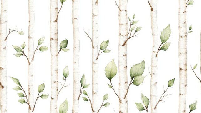 Elegant watercolor pattern of birch tree trunks and delicate green leaves on a white background