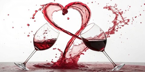 Fototapeta premium Red wine splashing in a heart shape between two glasses