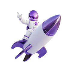 3D astronaut wearing a white spacesuit with purple rocket png