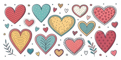 A delightful collection of hand-drawn hearts with various patterns and textures, perfect for Valentine's Day or romantic designs.