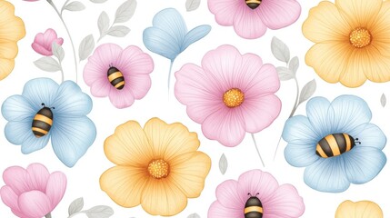 Colorful Floral Pattern with Bees Featuring Various Flowers on a Light Background