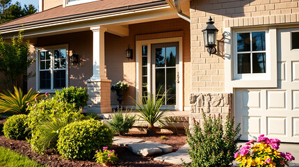 Fototapeta premium Tan brick house exterior with landscaping, featuring a light-colored front door, windows, and garage door. The porch has white columns and is accented by various shrubs and flowers.